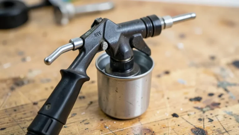 Unbranded HVLP spray gun with metal paint cup on a wooden workbench