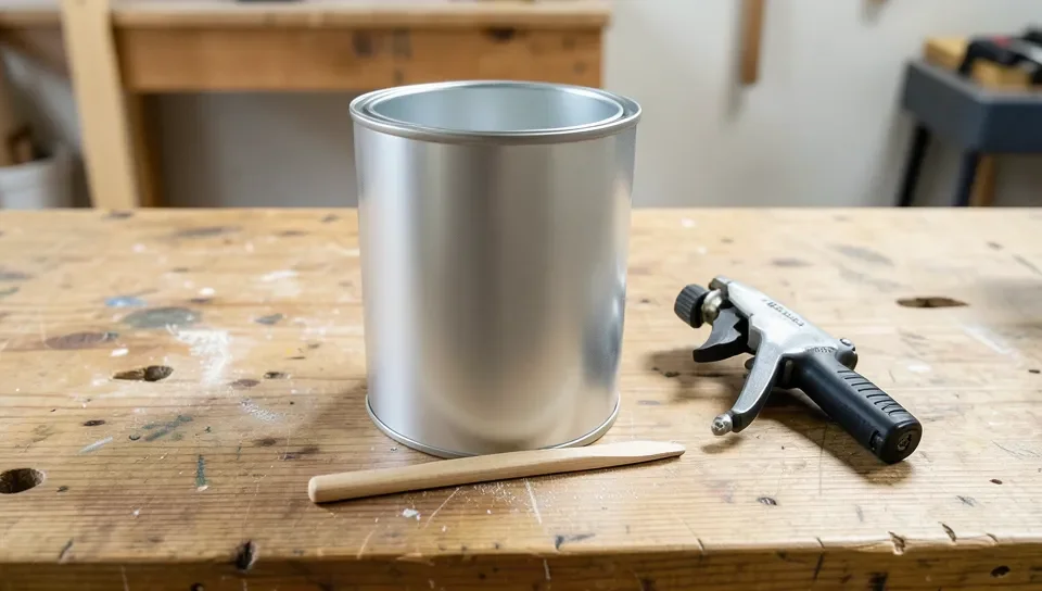 Can of polyurethane finish, stir stick, and HVLP spray gun laid out on a workbench