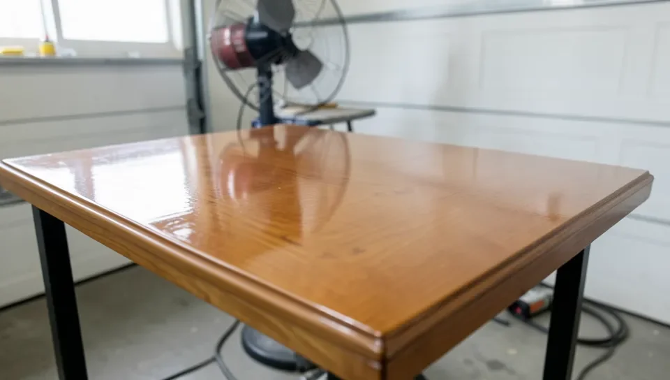 Wood tabletop with glossy polyurethane finish drying next to a fan