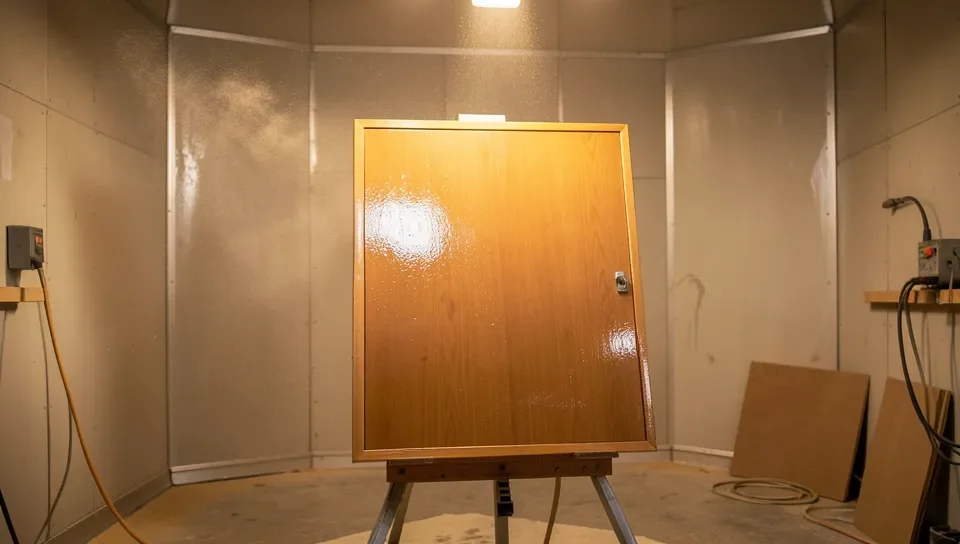 Cabinet door with a glossy freshly sprayed polyurethane finish inside a spray booth