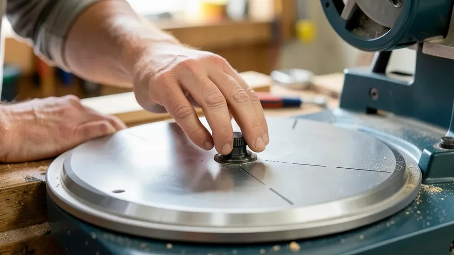Adjusting the miter angle lock on a 12-inch miter saw turntable base