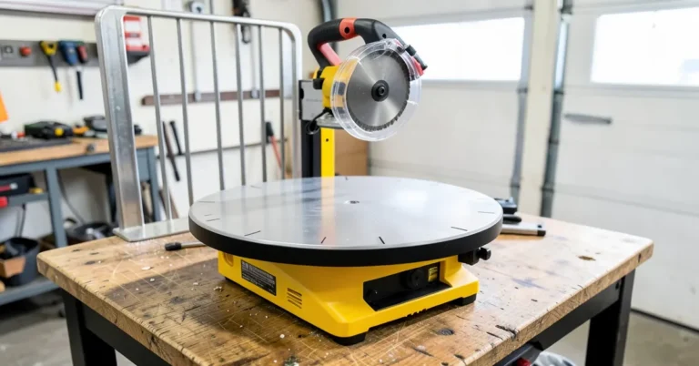 A 12-inch compound miter saw on a workbench in a home woodworking shop