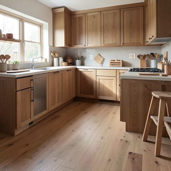 engineered hardwood flooring in a modern kitchen with wood cabinetry