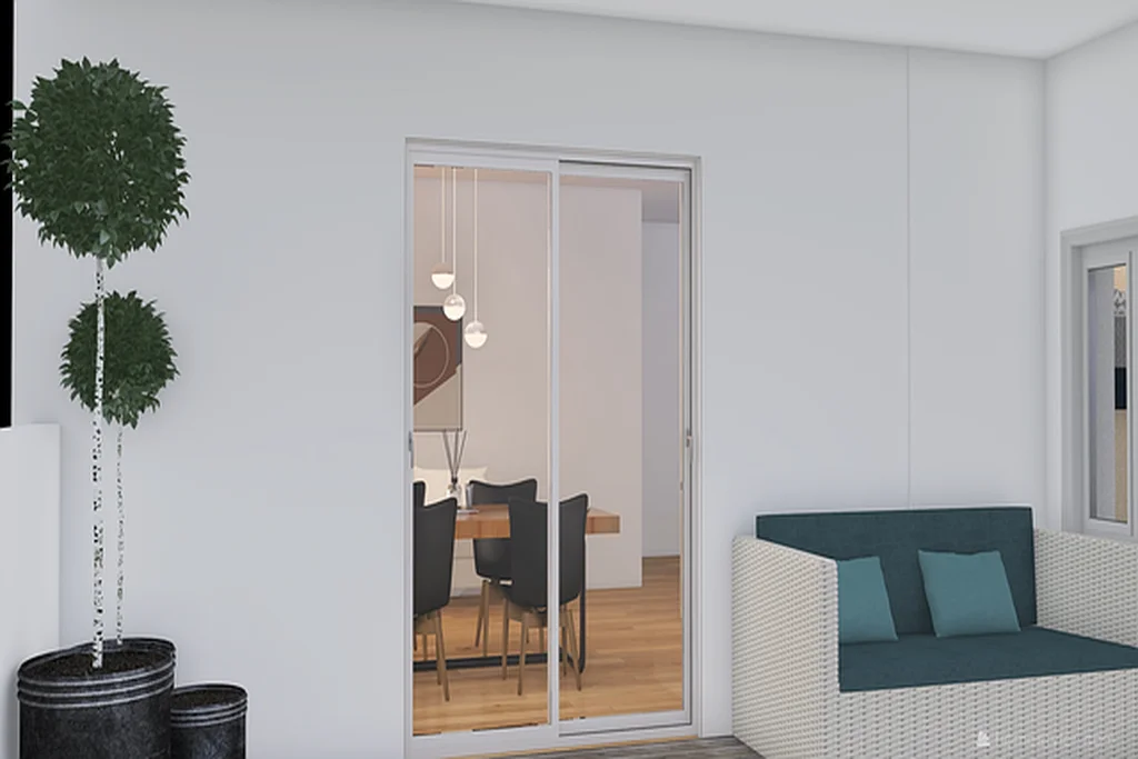 Modern sliding glass patio door opening from a living room onto a patio