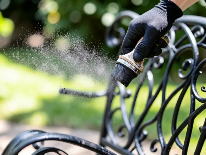 Spray painting black enamel into the curved scrollwork of a wrought iron patio chair