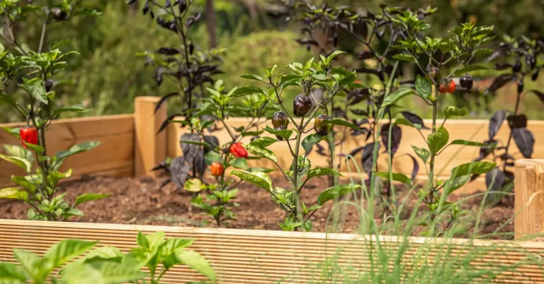 wooden raised garden bed with pepper plants growing along the stained cedar frame
