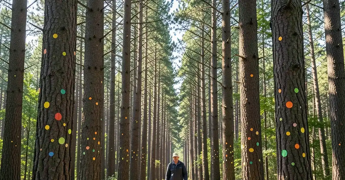 Forest landowner walking through standing timber marked with paint dots for harvest Forest landowner walking through standing timber marked with paint dots for harvest