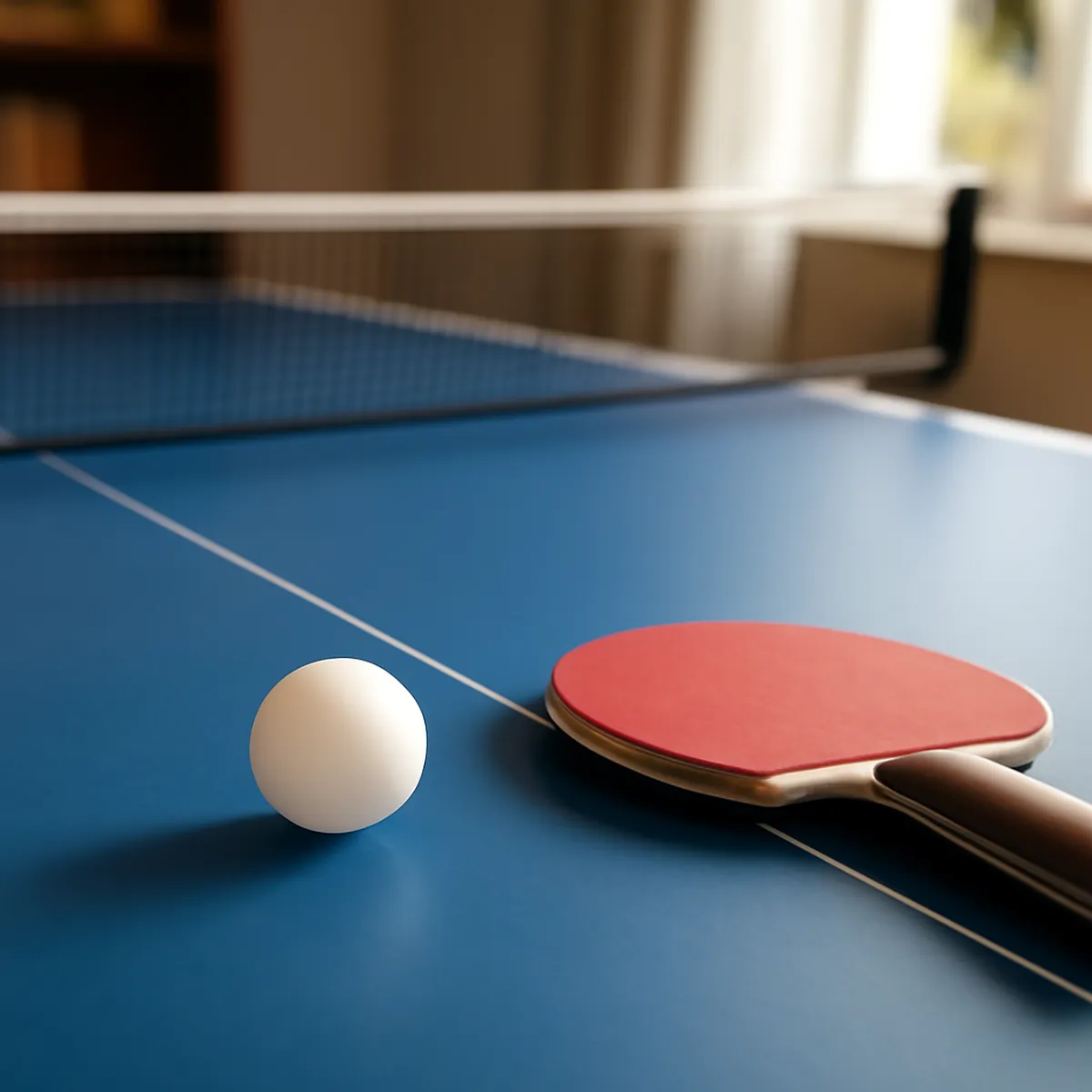Close-up of a table tennis ball and paddle resting on a blue playing surface