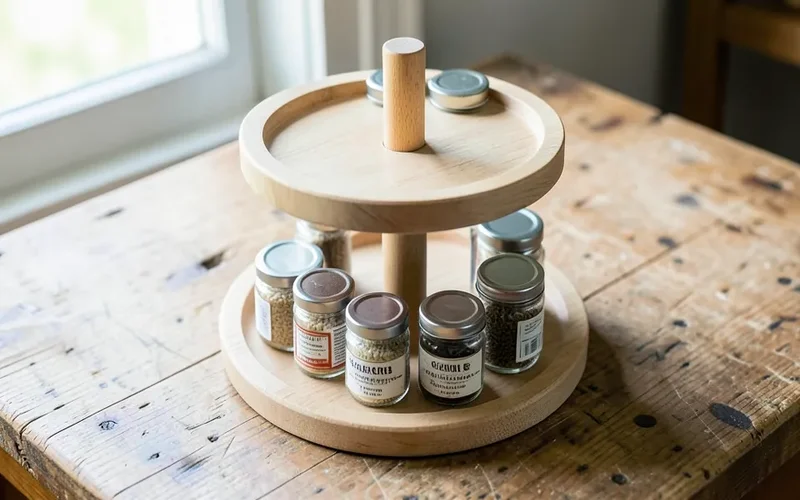 Two-tier circular spice rack design showing how stepped tiers keep every jar visible