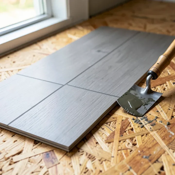A vinyl plank sample next to a trowel with adhesive residue, resting on a plywood subfloor