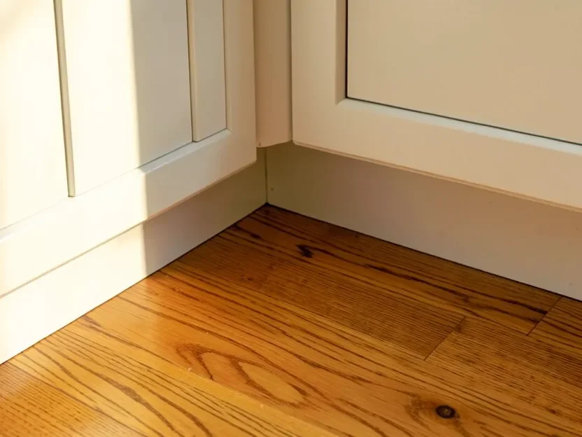 Warm golden hickory hardwood flooring meeting white kitchen cabinetry
