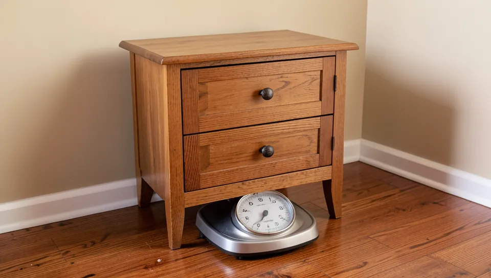 Weighing a wooden nightstand on a bathroom scale