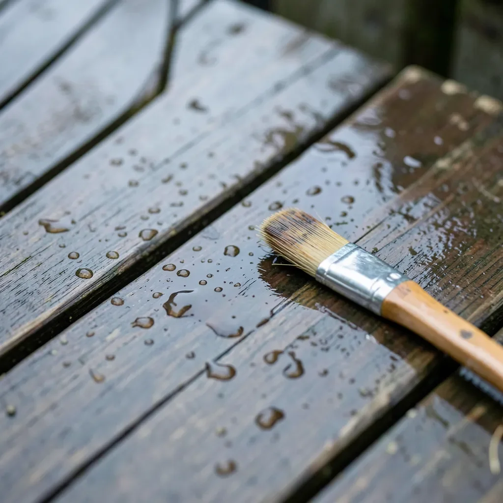Water droplets beading on a damp wood board next to a paintbrush