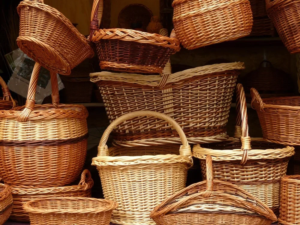 Stacked woven wicker baskets, a traditional use of flexible willow Stacked woven wicker baskets, a traditional use of flexible willow