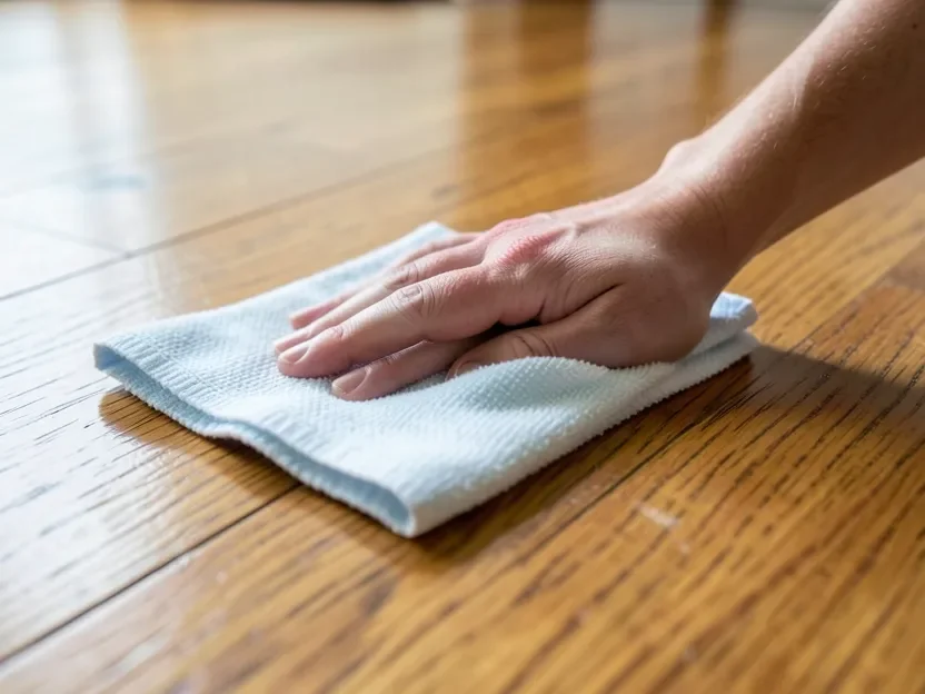Wiping a hardwood floor clean with a microfiber cloth after adhesive removal