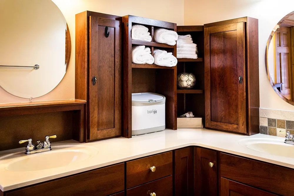 Wood bathroom vanity cabinets finished for daily humidity exposure Wood bathroom vanity cabinets finished for daily humidity exposure