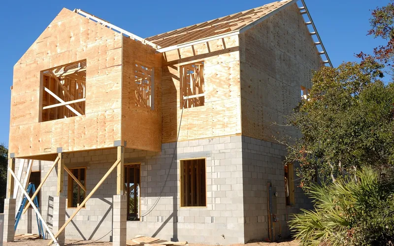 two-story wood-framed house with plywood sheathing under construction