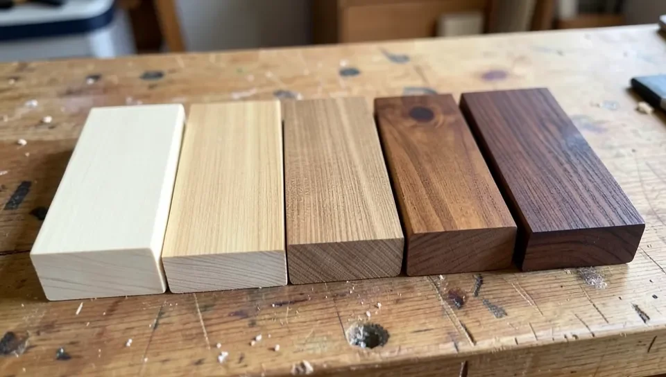 Wood sample blocks from different species showing a range of Janka hardness ratings