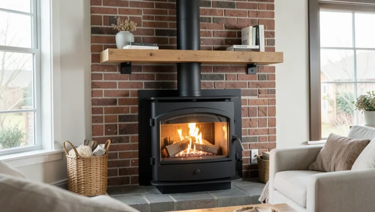 black wood burning stove set into a red brick surround with a wood mantel shelf above it in a living room
