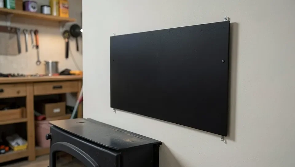 black ventilated heat shield panel mounted with metal standoffs on a wall behind a wood stove