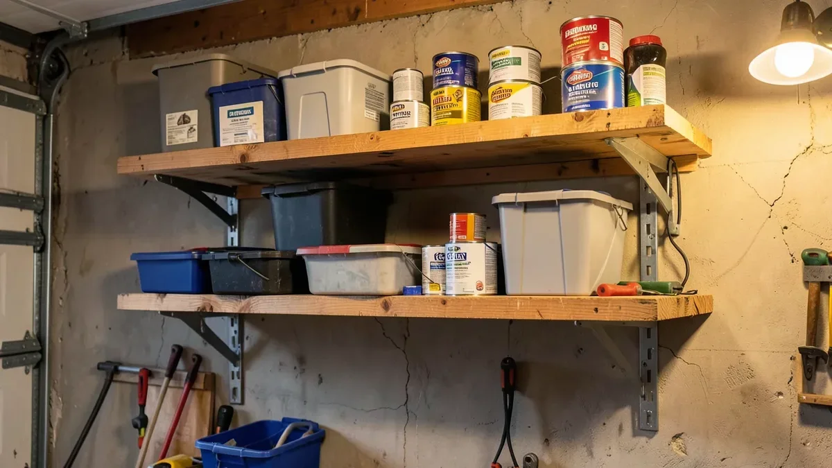 Wall-mounted wooden garage shelves loaded with storage bins, supported by heavy-duty metal brackets