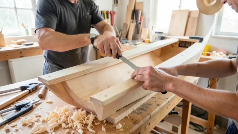 Craftsman building a wooden boat hull from marine plywood in a workshop