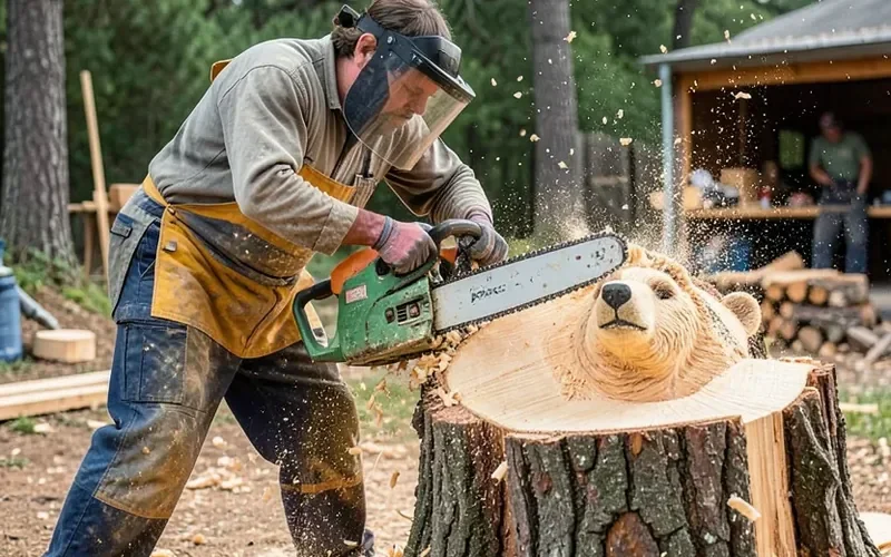 Woodworker in safety chaps and face shield chainsaw carving a bear from a log