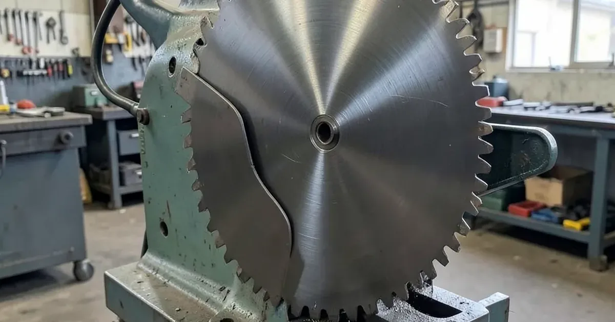 A 14-inch metal cutting saw blade mounted in a chop saw in a workshop A 14-inch metal cutting saw blade mounted in a chop saw in a workshop