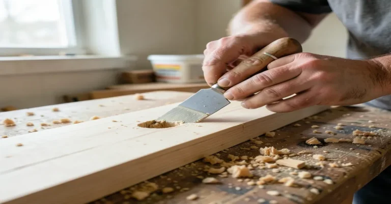Applying wood filler into a hole in a wood board with a putty knife