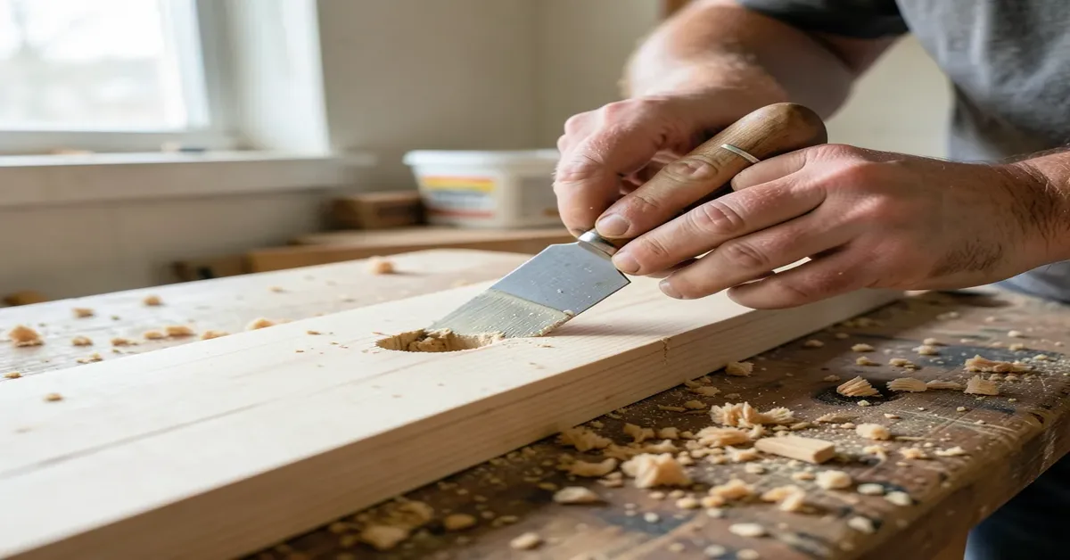 Applying wood filler into a hole in a wood board with a putty knife