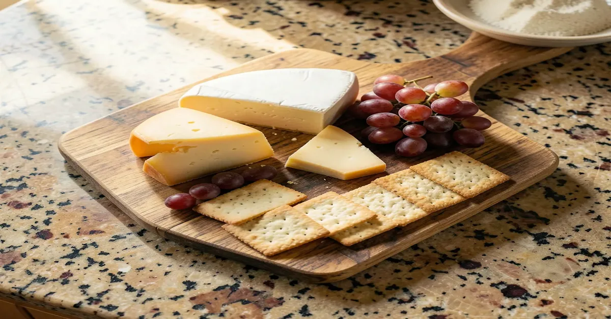 Handmade wooden cheese board with cheese, crackers and grapes
