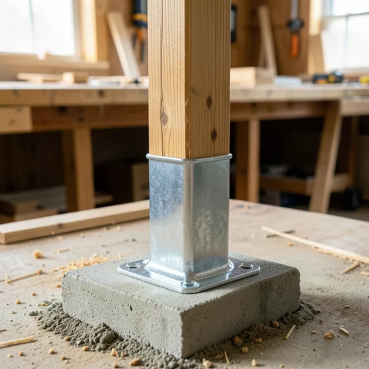 Galvanized metal post base holding a 4x4 wood post above a concrete footing showing the standoff gap