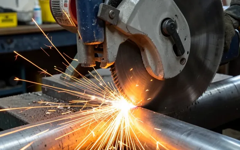 An abrasive chop saw cutting through a steel pipe with sparks flying An abrasive chop saw cutting through a steel pipe with sparks flying