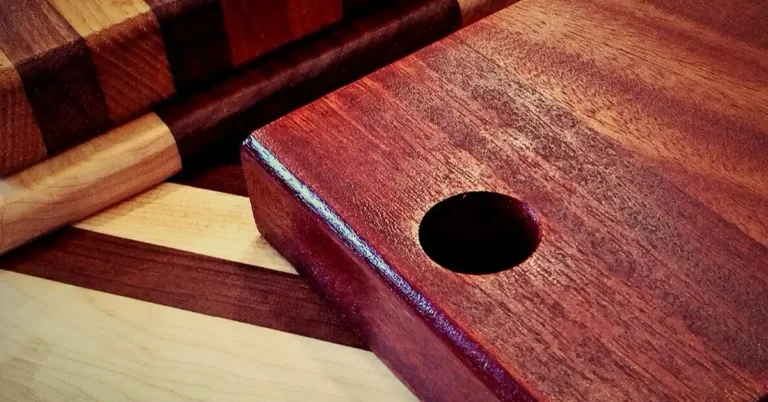 Acacia wood cutting board showing food safe hardwood grain and finish