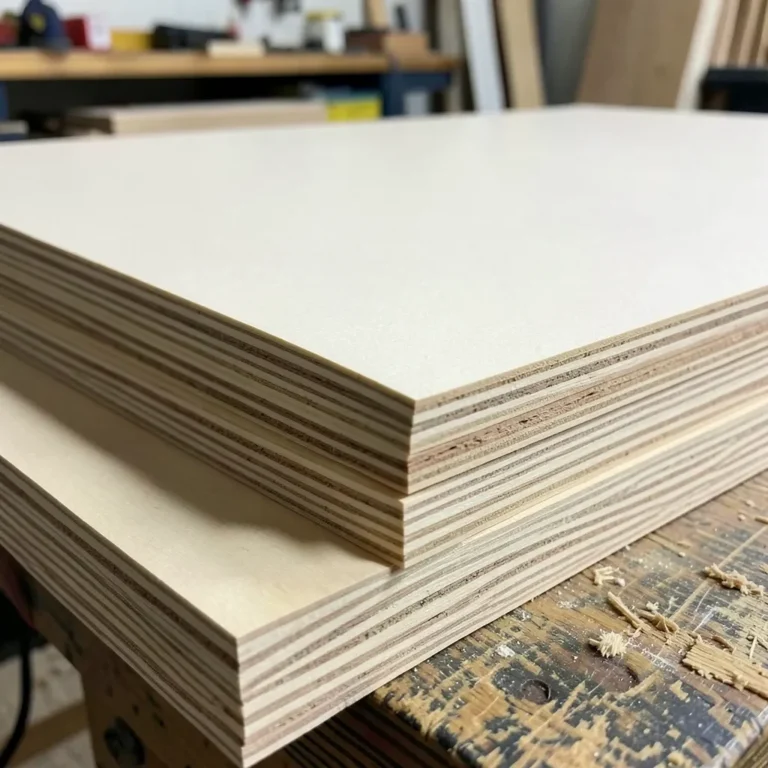 Stack of exterior-grade plywood sheets showing sanded face veneer and edge-grain layers