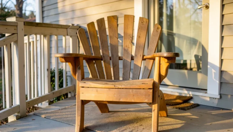 Wooden Adirondack chair with curved back on a porch