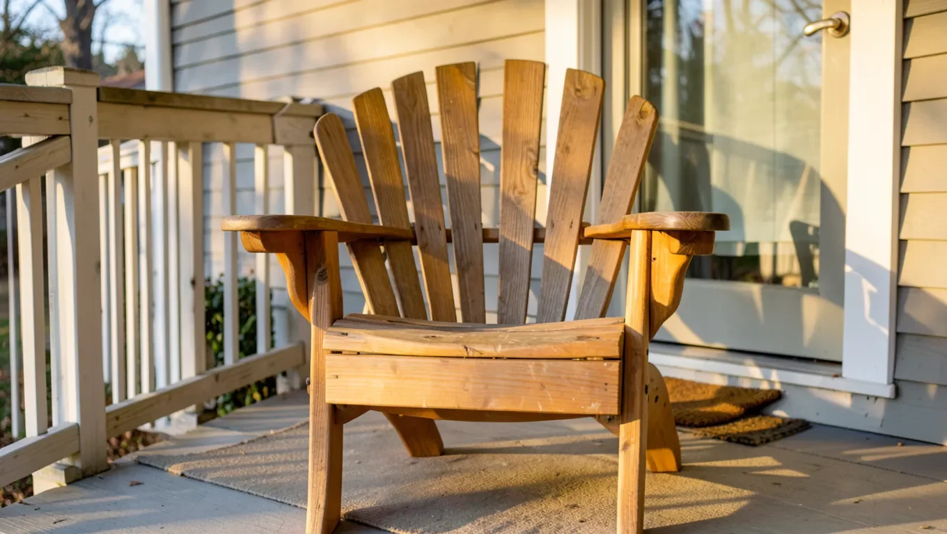Wooden Adirondack chair with curved back on a porch
