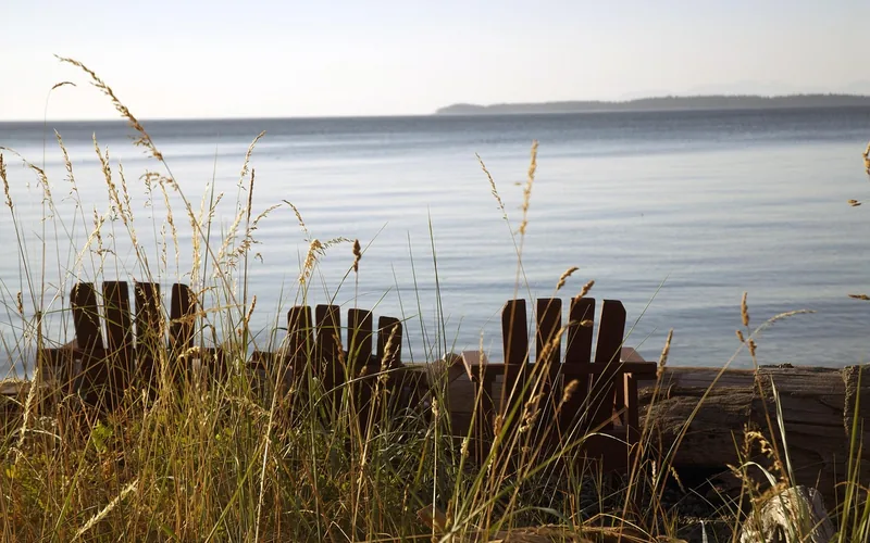Dark-toned Adirondack-style chairs near a shoreline in evening light
