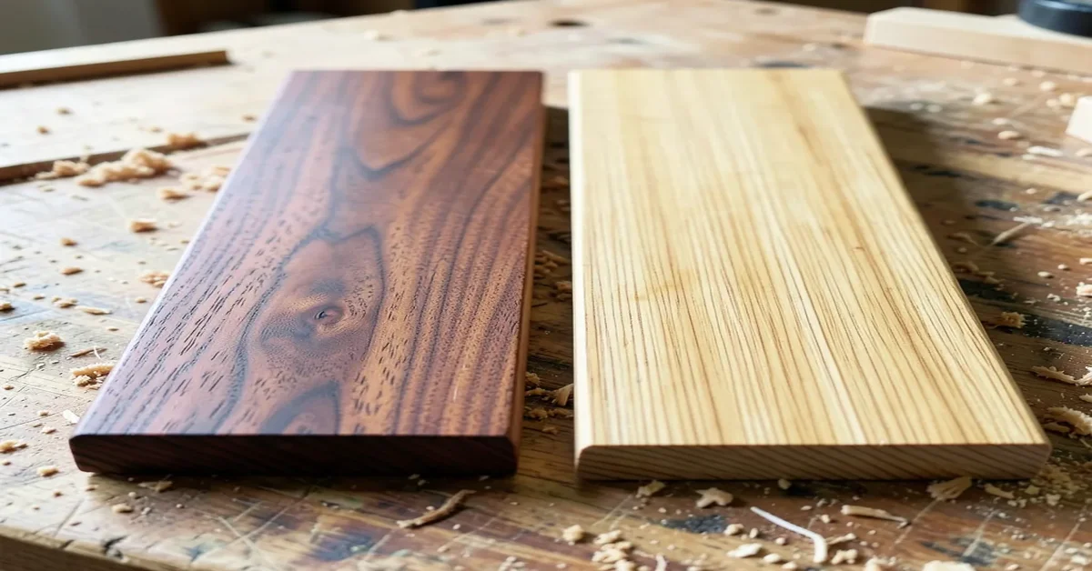 African mahogany board next to genuine mahogany board showing grain and color difference