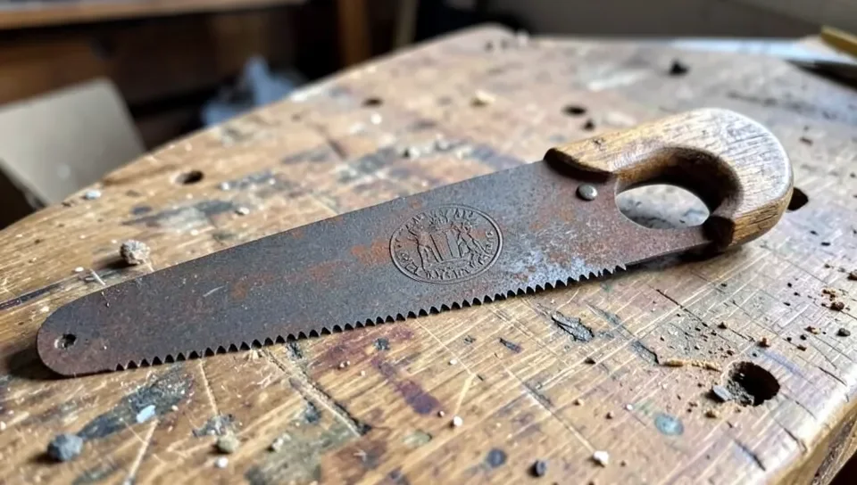 Antique hand saw with etched maker medallion and worn wooden handle