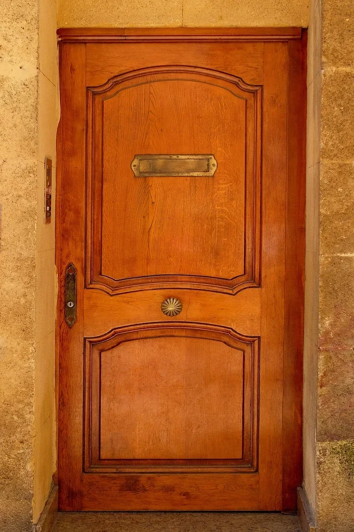 Varnished mahogany front door with brass hardware