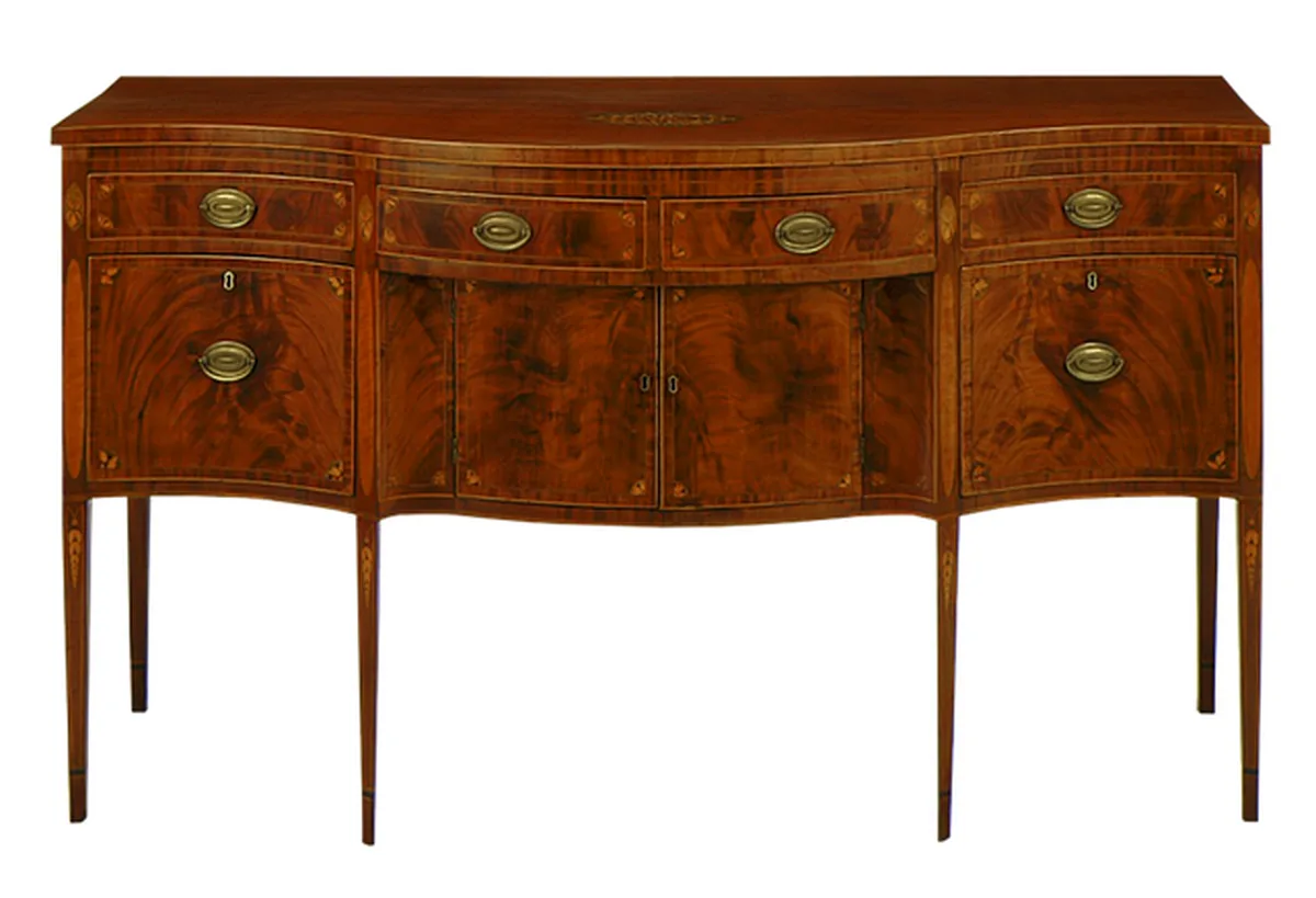 Antique mahogany sideboard showing the wood's reddish-brown color and flame grain figuring