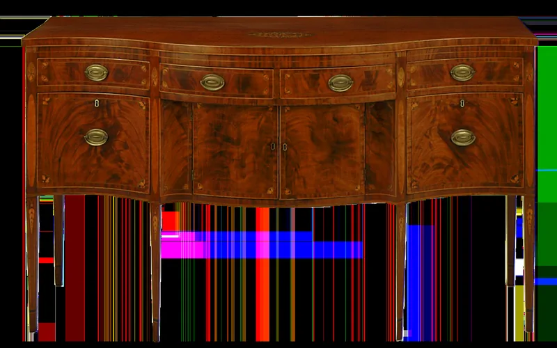 Antique mahogany sideboard with flame-figured veneer showing fully darkened aged color
