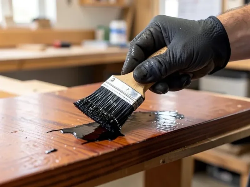Gloved hand brushing black gel wood stain onto reddish-brown mahogany, showing the color contrast between stained and unstained wood