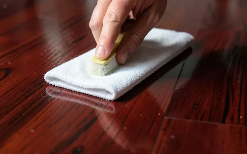 Hand applying Bona hardwood floor polish with a microfiber pad to a glossy mahogany floor Hand applying Bona hardwood floor polish with a microfiber pad to a glossy mahogany floor
