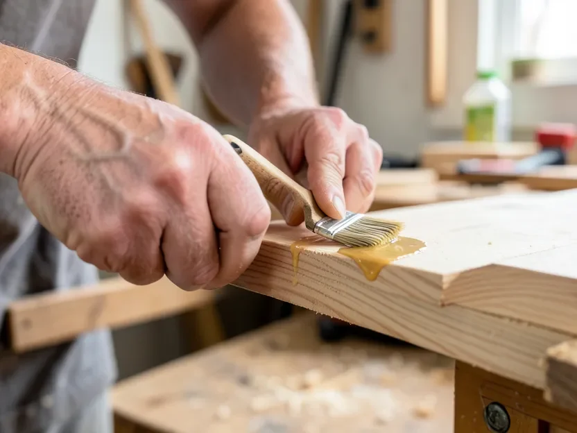 Applying Gorilla Wood Glue with a brush along a wood board edge before clamping