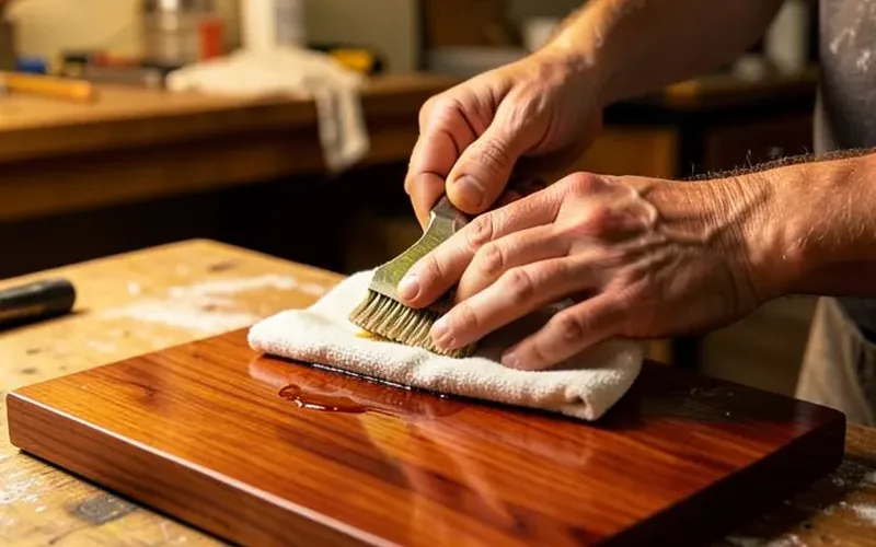 Wiping oil finish onto a mahogany board with a cloth to bring out the grain Wiping oil finish onto a mahogany board with a cloth to bring out the grain