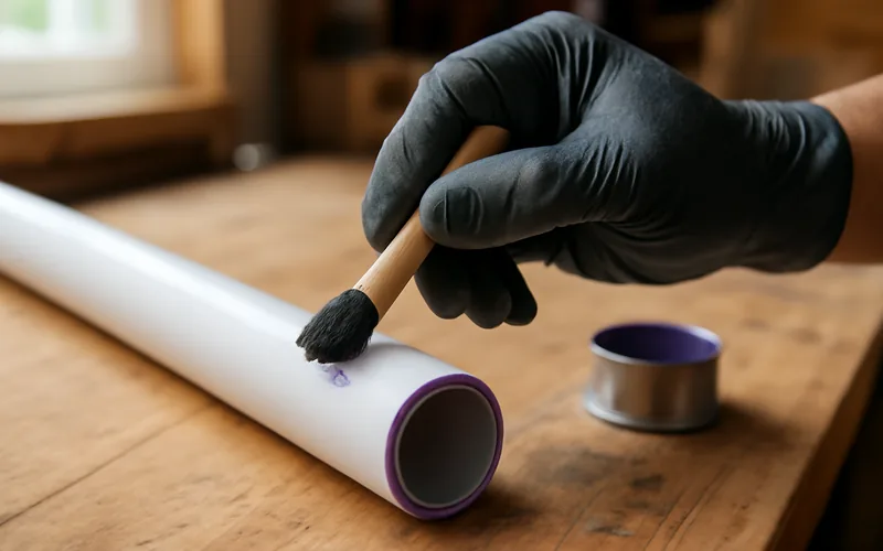 gloved hand applying purple PVC primer to the end of a white PVC pipe