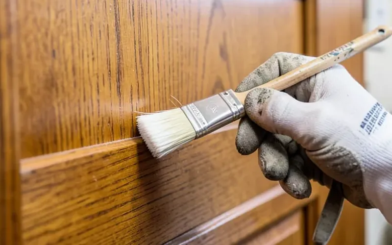 Hand in a work glove brushing white shellac primer onto a bare mahogany door panel