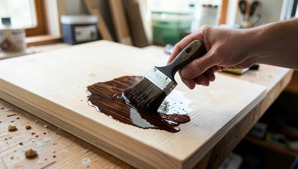 Applying dark walnut-tone wood stain to a light wood board with a foam brush
